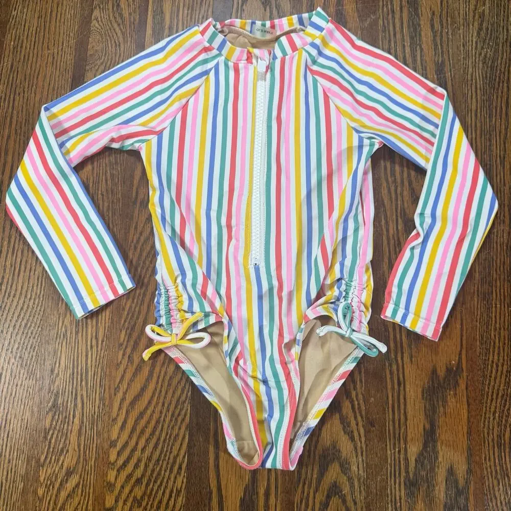 Old Navy 3T Rainbow Stripe Long Sleeve One Piece Swimsuit Rash Guard Zip Front